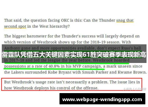 雷霆队凭借五大关键因素实现61胜突破赛季表现新高